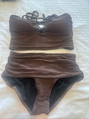 Women’s Brown Textured Two-Piece High-Waist Swim Set